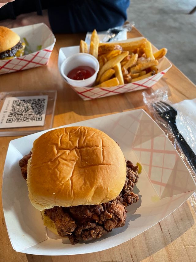 Double smash cheeseburger, fries and Nashville fried chicken sandwich
